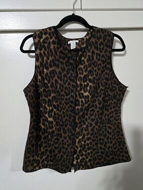 Sleeveless Leopard Print Button-Front Top - Brown/Black